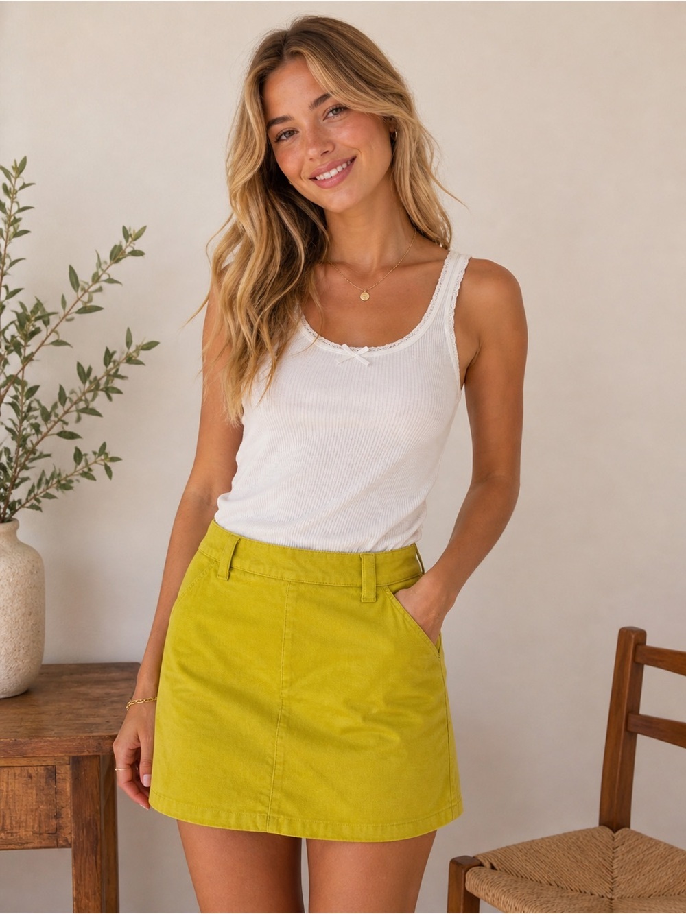 Free‎ People Women’s 0 Can't Blame Me Miniskirt in Citronelle Yellow Chartreuse